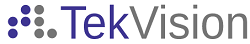 TekVision Logo with Braille letters T and V shown in 2 different colors followed by company name Tekvision. Tek shows up in same color as Braille T. Vision shows up in same color as Braille V.
